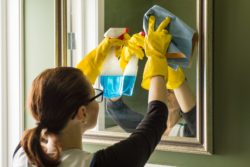 Woman cleaning mirror with windex ingredients