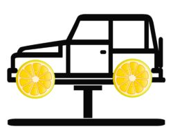 Drawing of vehicle with lemon slices as wheels on hydraulic lift