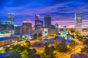 Downtown Tulsa skyline at dusk