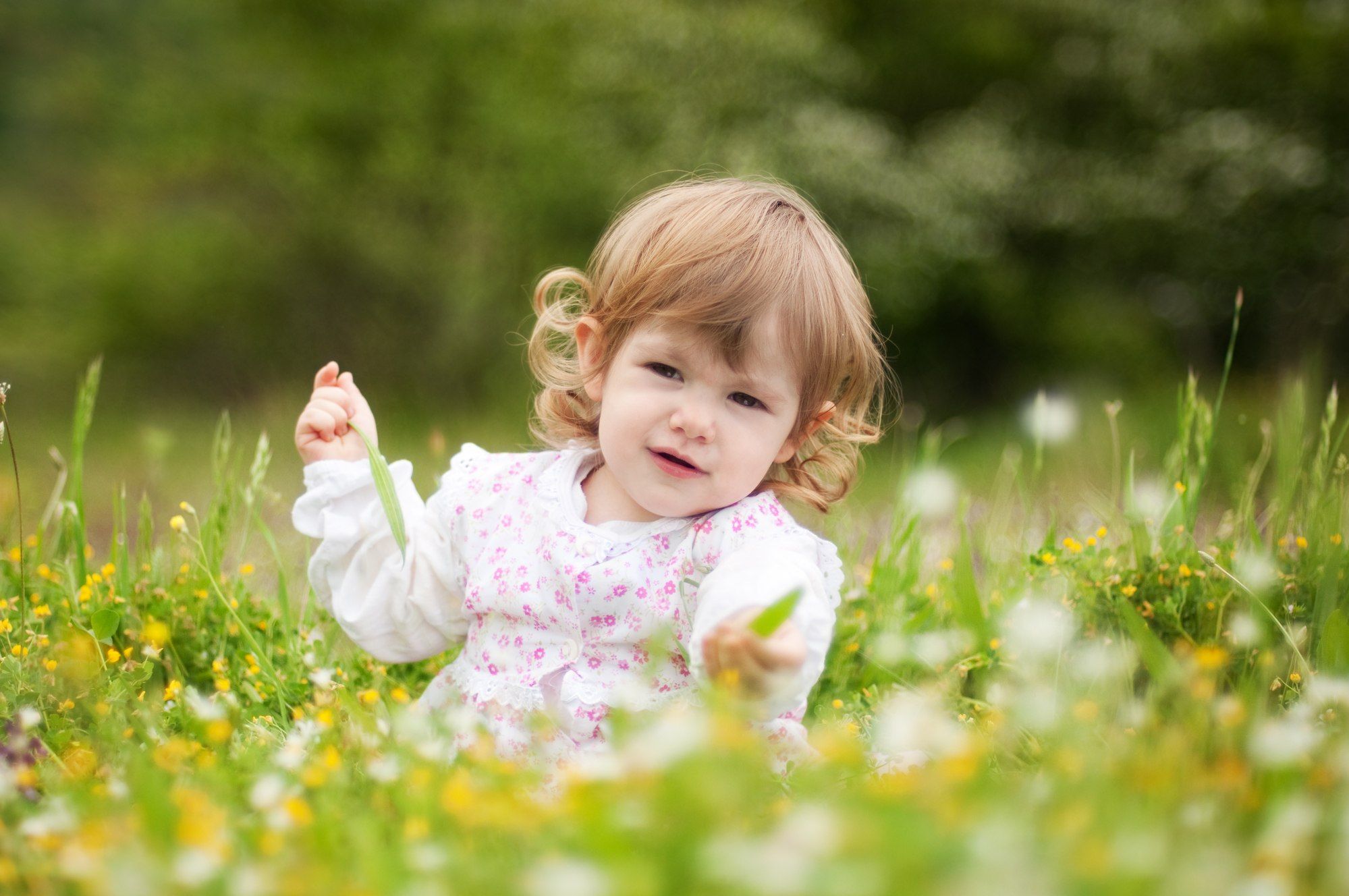 Toddler girl in field of flowers