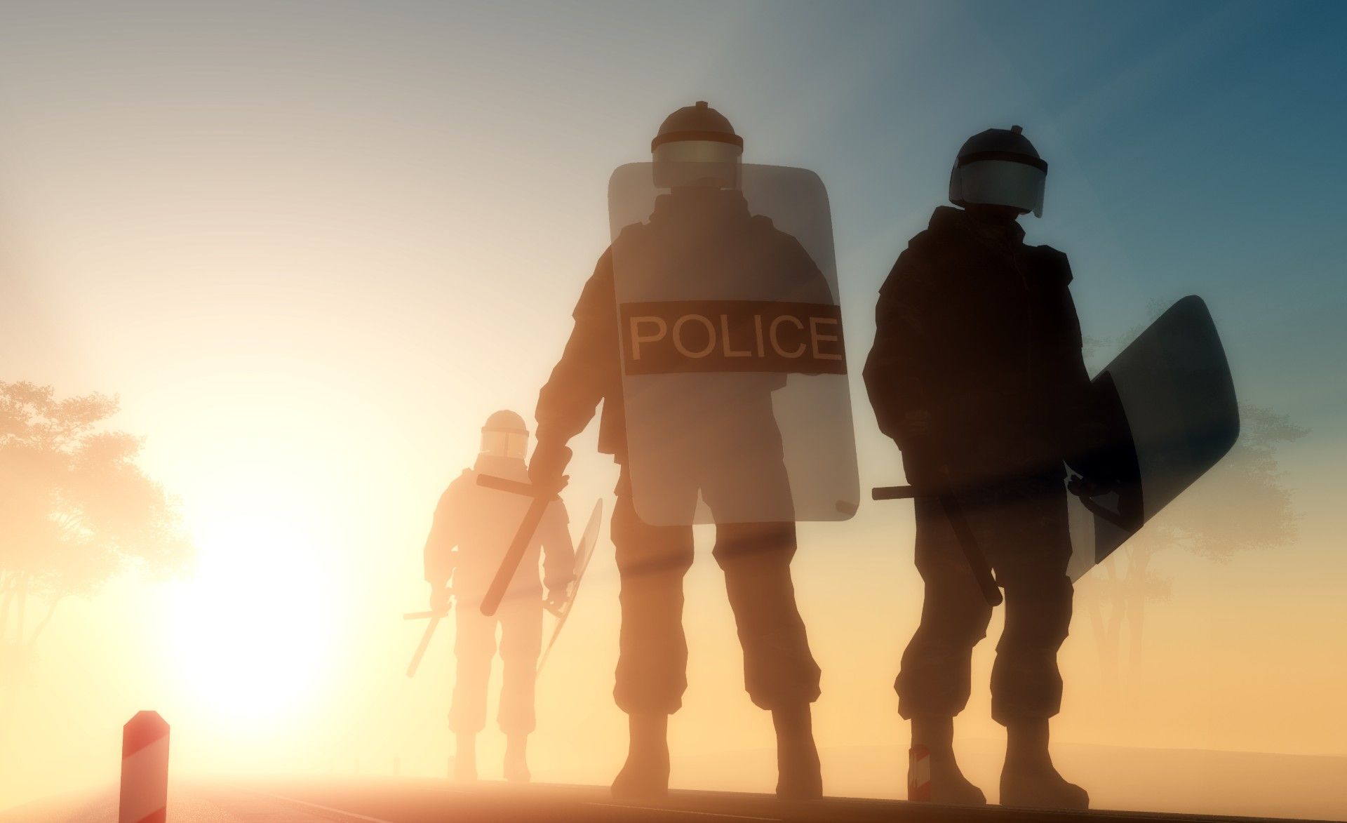 Police with shields and weapons, sun shining at horizon behind them