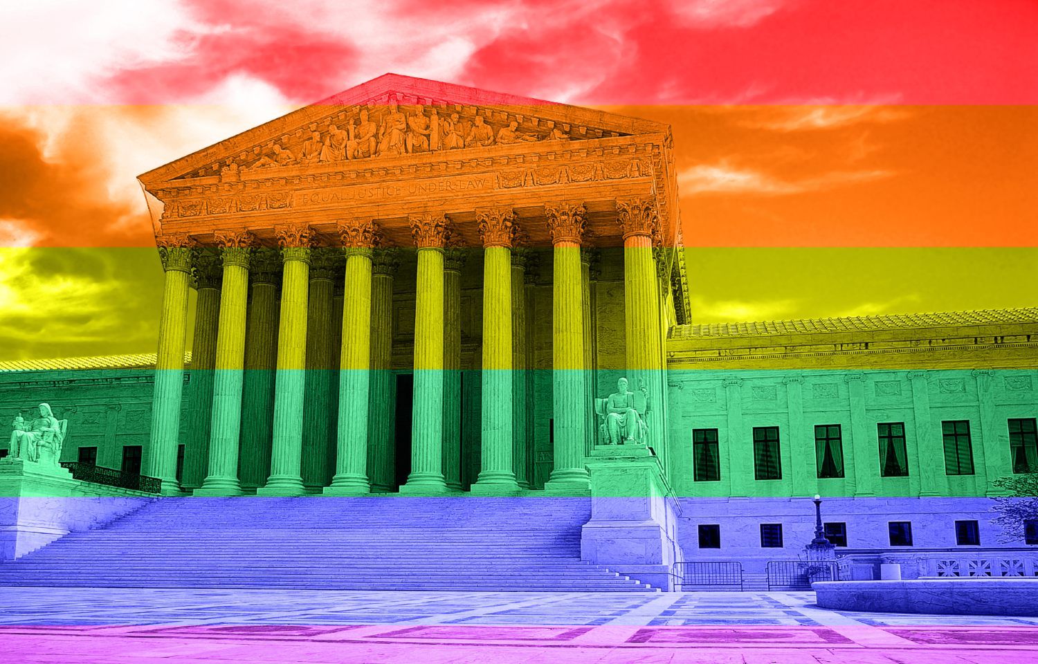 Supreme Court building overlaid with rainbow colors