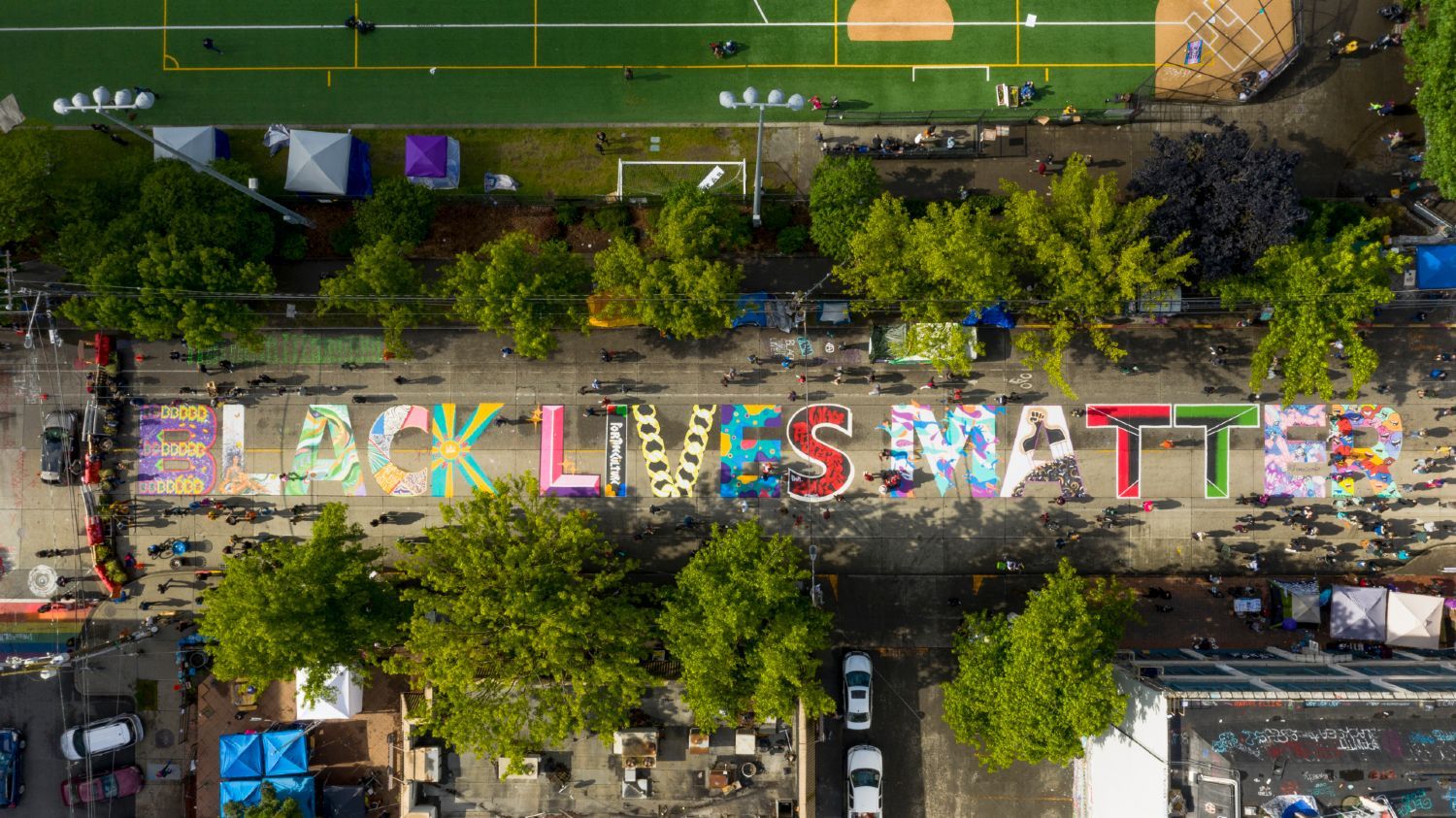 Aerial shot of Seattle CHOP zone, with "Black Lives Matter" painted on street