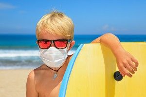Young surfer boy wearing sunglasses and medical mask on beach