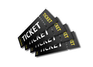 Four generic black tickets with white and yellow lettering