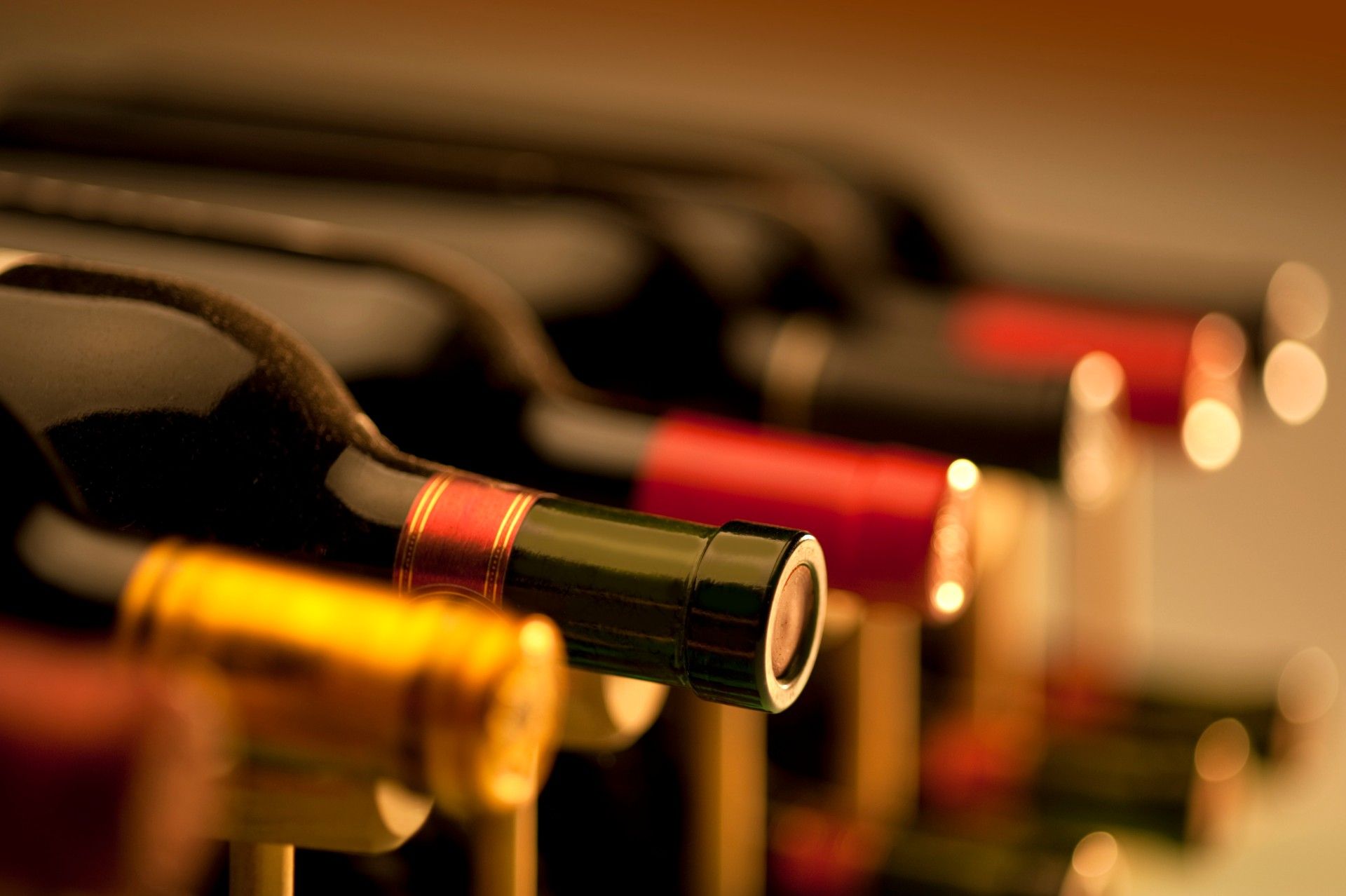 Wine bottles on top row of wine rack