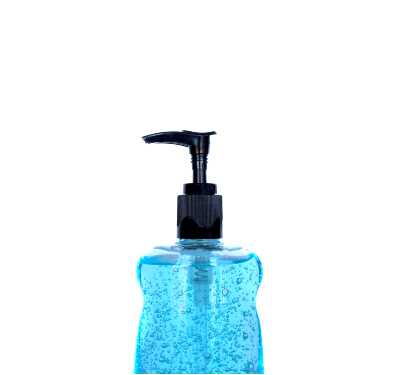 Blue hand sanitizer in a clear bottle with a black pump