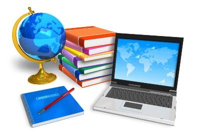 Graphic of a laptop with a globe, stack of books, and notebook with pen