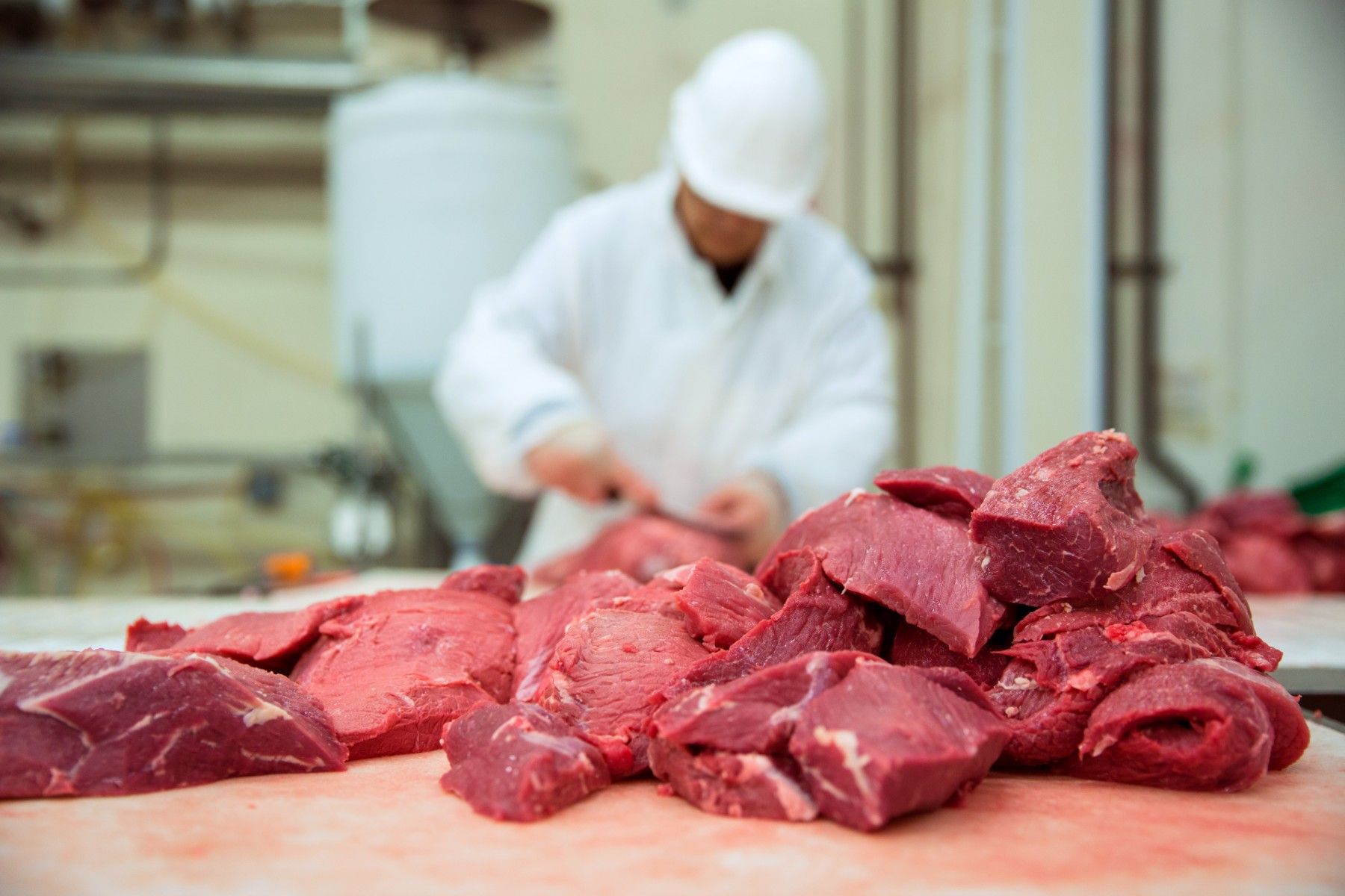 Man in hard hat and white coat in protective clothing processes meat at a meatpacking plant