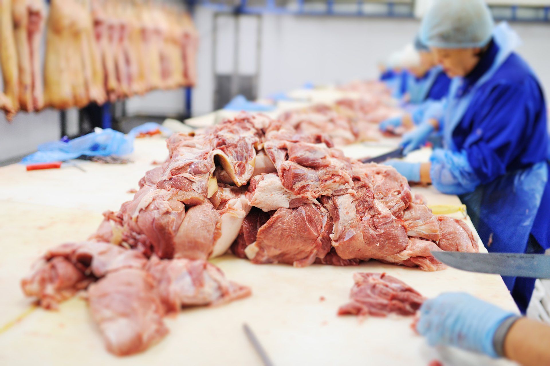 Meatpacking plant workers chop meat for packaging