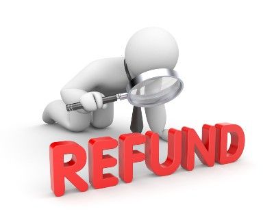 Rendering of man with tie on looking through magnifying glass at the word REFUND in red