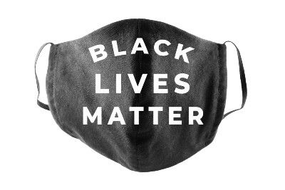 Black face mask with white lettering that reads "BLACK LIVES MATTER" - Whole Foods policy
