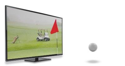 A TV shows a golf cart, flag and clubs on a course as the ball bounces out of the TV - NBCUniversal