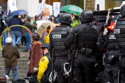 Police officers in riot gear at protest - portland protests