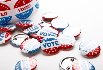 Red, white, and blue "Vote 2020" button on white background - Pennsylvania voters
