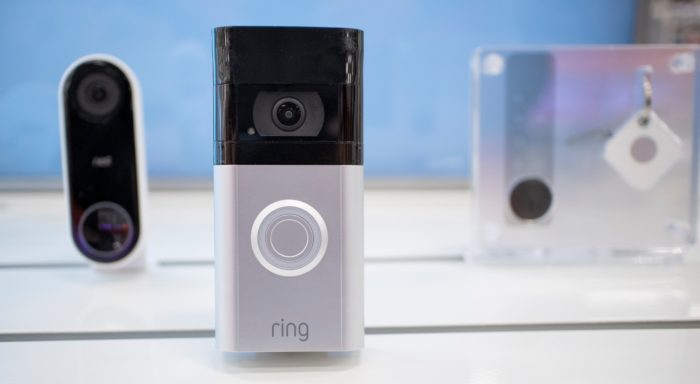 A Ring doorbell on display in a store - Amazon's Ring video doorbells allegedly violates biometric privacy law.