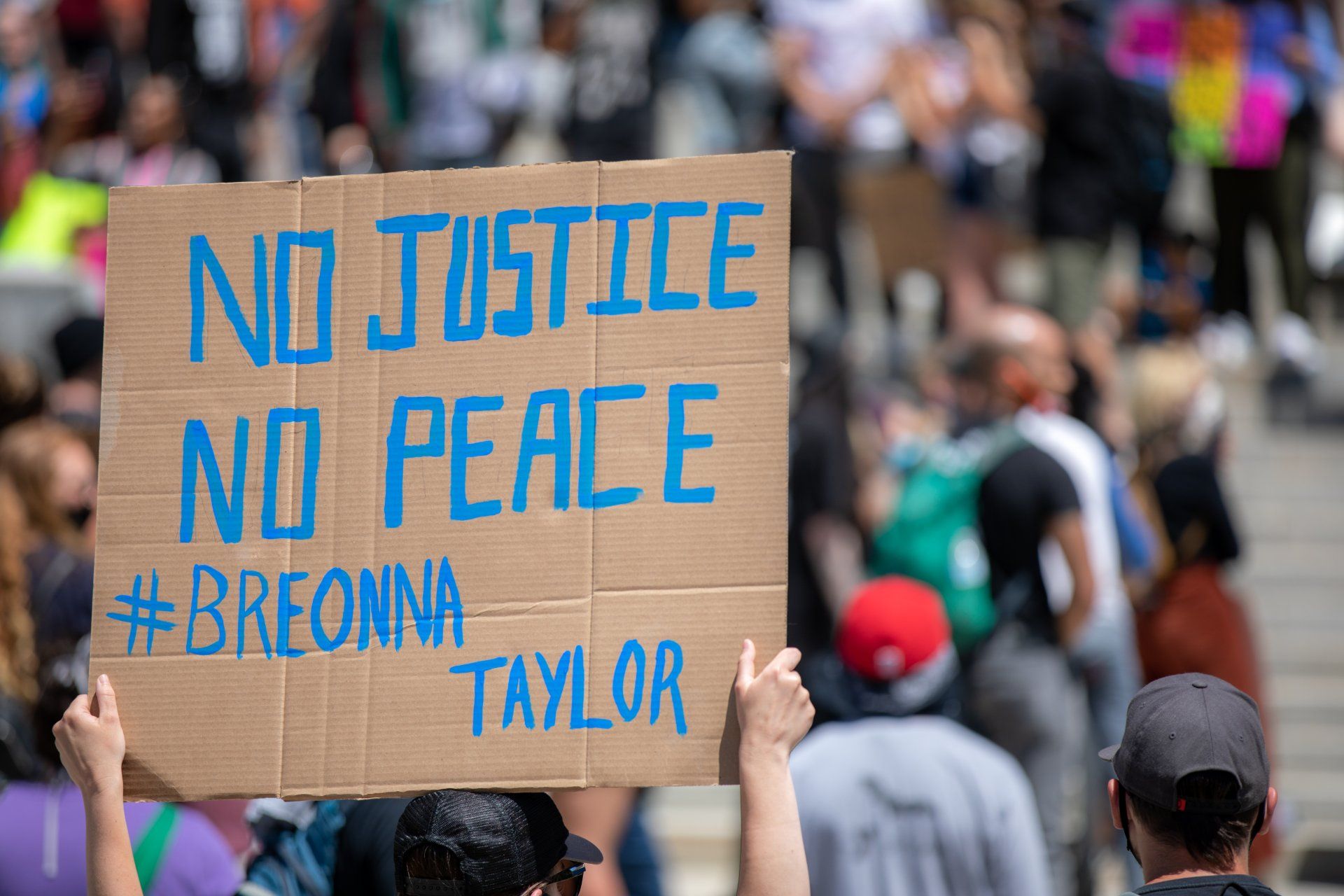 A protester holds up a cardboard sign that says "No Justice, No Peace #Breonna Taylor" in blue - Breonna Taylor's death