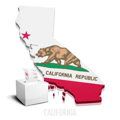 California 3-D outline graphic with state map image inside, with a ballot box sitting next to it - ballot initiatives