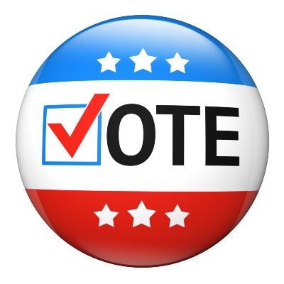 Red, white and blue "vote" button on white background - photo id