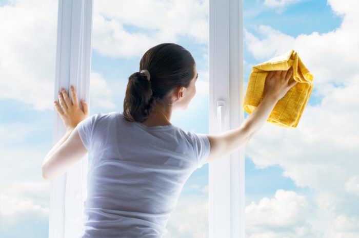 a woman cleaning her windows with Windex glass cleaner