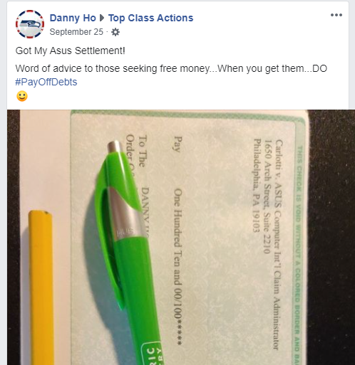 Asus class action settlement check and Facebook comment