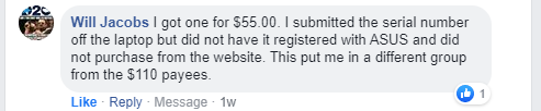 Facebook comment on Asus class action settlement check