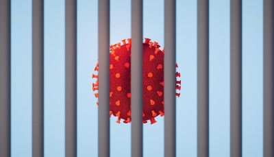 Graphic of a red coronavirus behind bars - aclu of minnesota