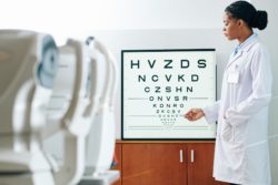 Female optometrist points to letters on eye exam chart