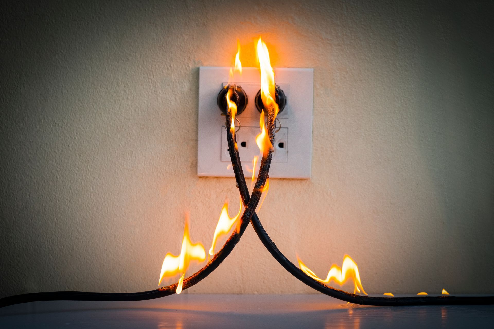 Two crossed power cords on fire, plugged into a wall outlet - extension cord