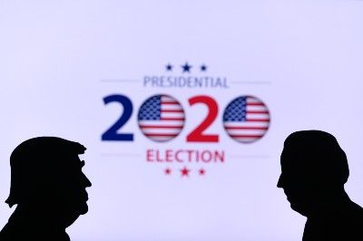 Silhouettes of Biden and Trump against a red-white-and-blue "Presidential Election 2020" background - pennsylvania voters