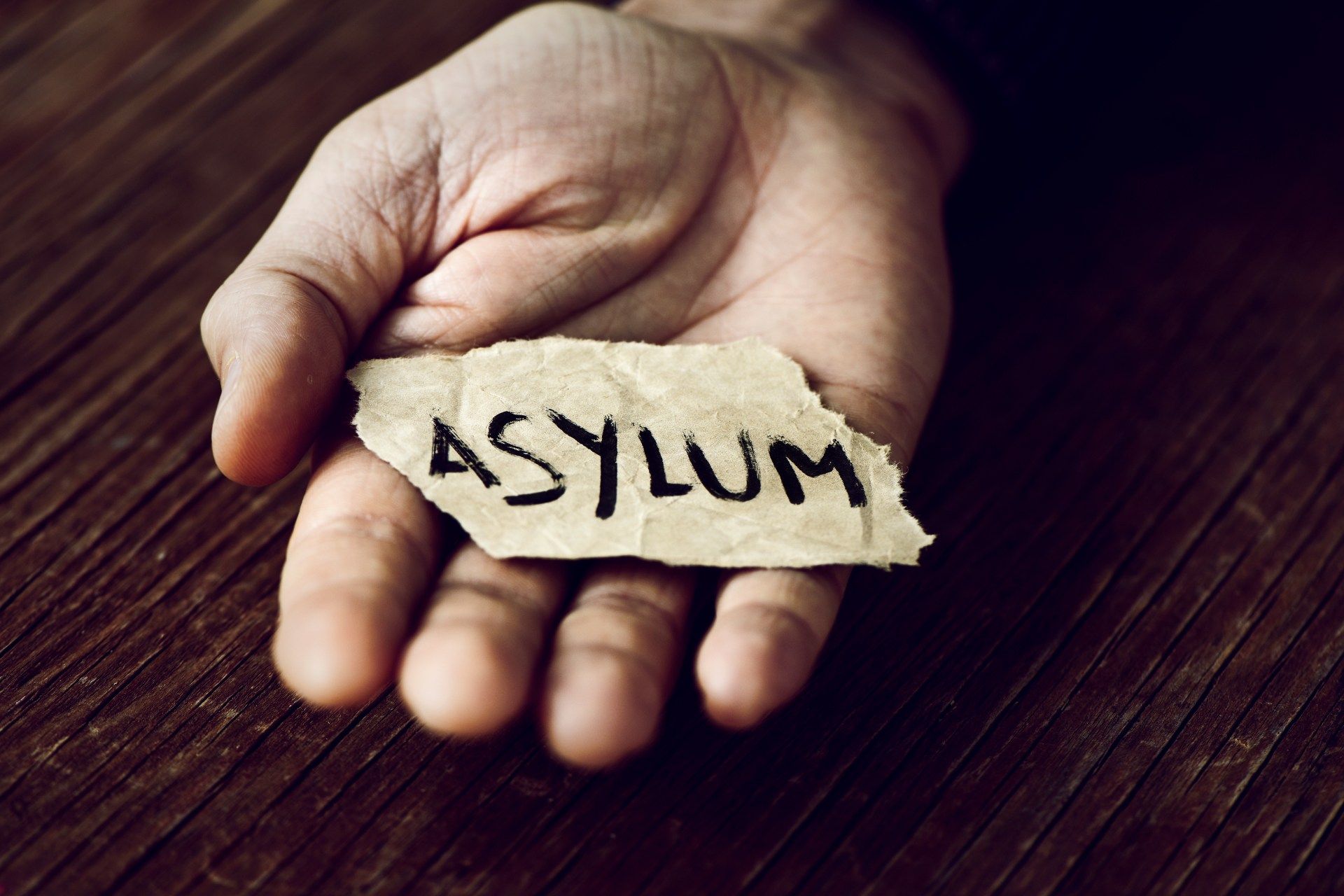 A person holds a torn piece of paper that reads "asylum" - remain in mexico policy