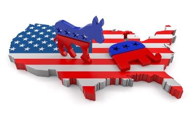 A graphic of the US flag in the shape of the US, with red-and-blue donkey and elephant on it - Wisconsin voters