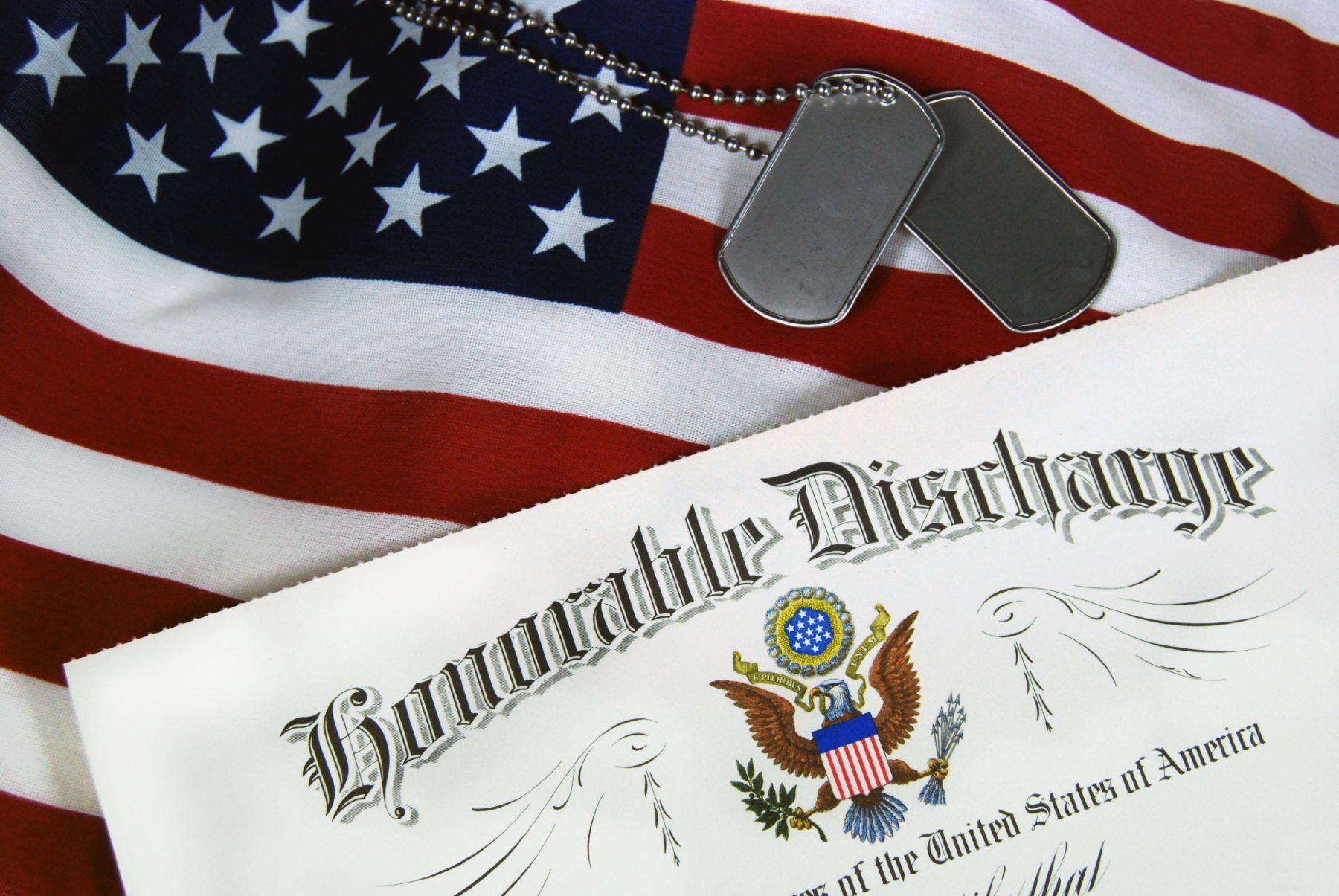 An honorable discharge certificate lies next to blank dog tags on top of a U.S. flag