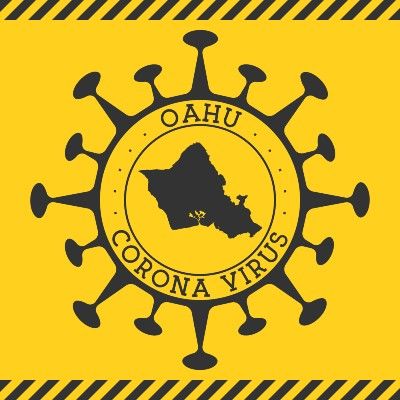 A yellow-and-black graphic shows a map of the island of Oahu inside a coronavirus bars in Hawaii