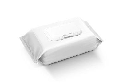 A white, closed package of wet wipes - flushable wipes