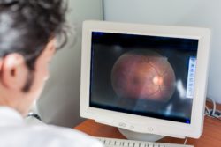 Doctor looks at photo of retina on computer screen