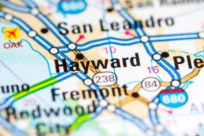 A map shows Hayward, California - police brutality
