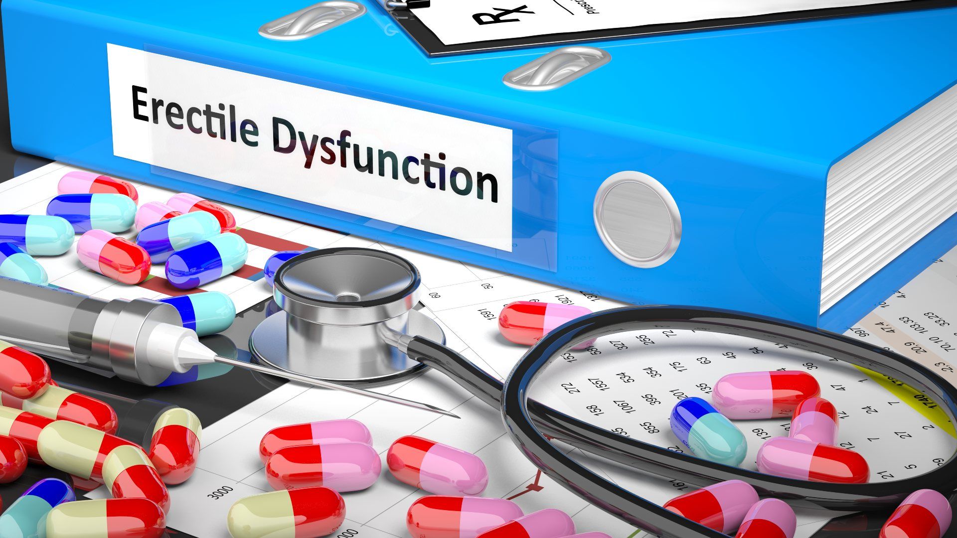 A binder reading "erectile dysfunction" on the spine lies near pills, a syringe and a stethoscope - Primal Max Red