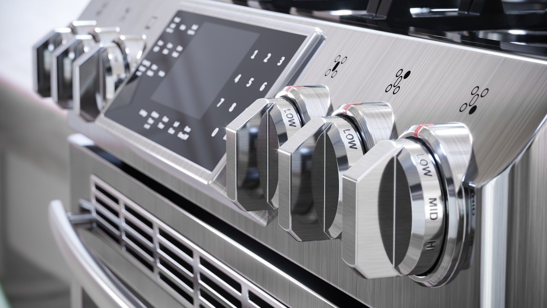 Close-up of the controls on a stainless steel gas range - Samsung gas oven range