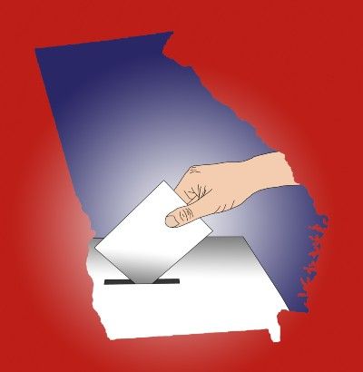 Blue map of Georgia on a red background; hand puts a ballot in a ballot box - Georgia voters