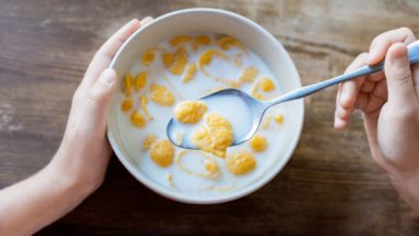 Overhead shot of a person's left hand on a bowl of cereal, with a spoon of cereal in their right hand. - kellogg's cereal - kellogg cereals