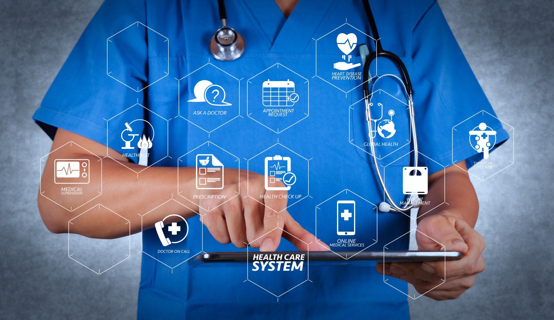 Graphic shows health care system element icons in front of man in scrubs and stethoscope using a tablet - sutter health