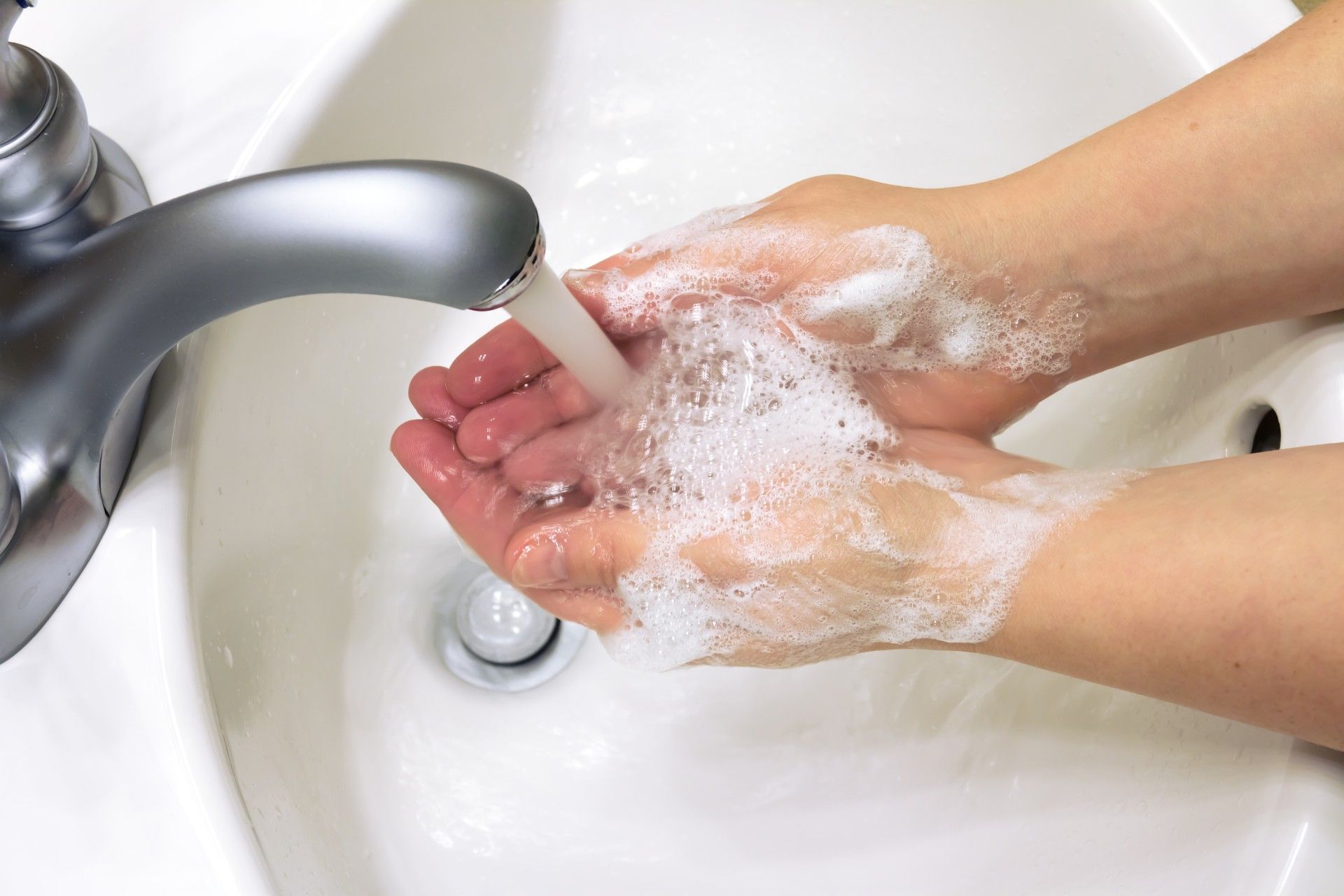 A person washes their hands in a bathroom sink - scent theory