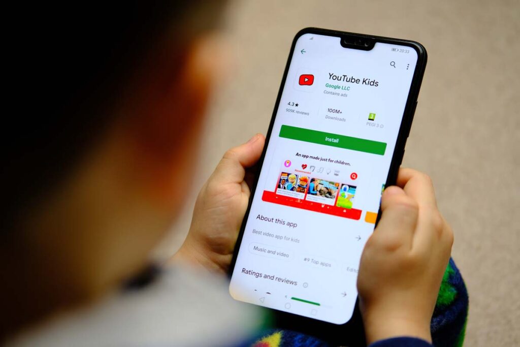 YouTube Kids app download page displayed on a smartphone, representing the YouTube class action.