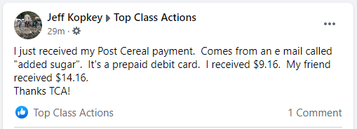 Post Cereals FB paying out