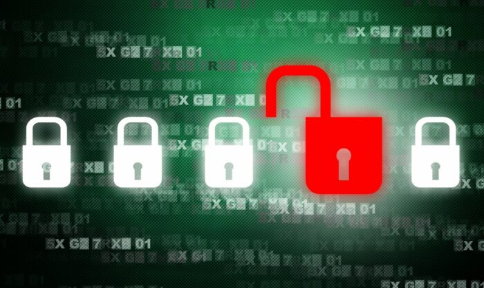 Data security graphic of three locked white padlocks and one open red padlock against a green digital background - ArbiterSports data breach - arbitersports class action
