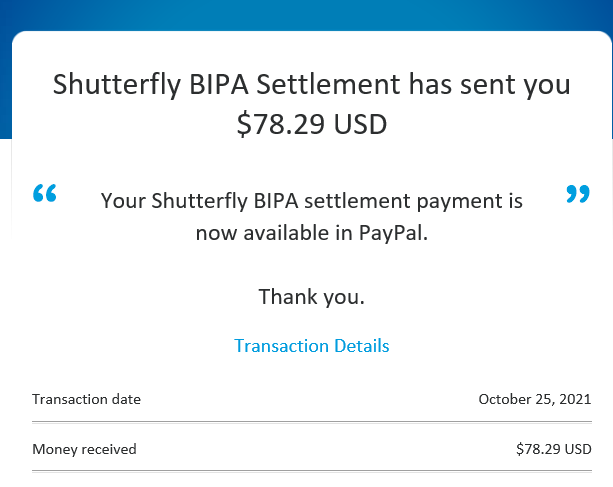 Shutterfly BIPA FB 2 settlement checks
