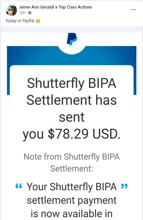 Shutterfly BIPA FB settlement checks