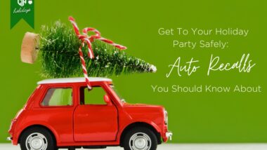 red toy car with toy Christmas tree on roof. Text on image "Get To Your Holiday Party Safely: Auto Recalls You Should Know About"