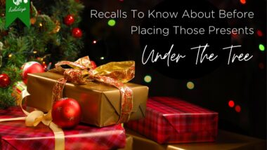 Christmas presents under Christmas tree. With print Title: "Recalls To Know About Before Placing Those Presents Under the Tree"
